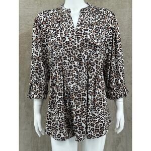 Cocomo Top Womens 2X Brown Leopard 3/4 Sleeves Stretch V-Neck Office Work Travel